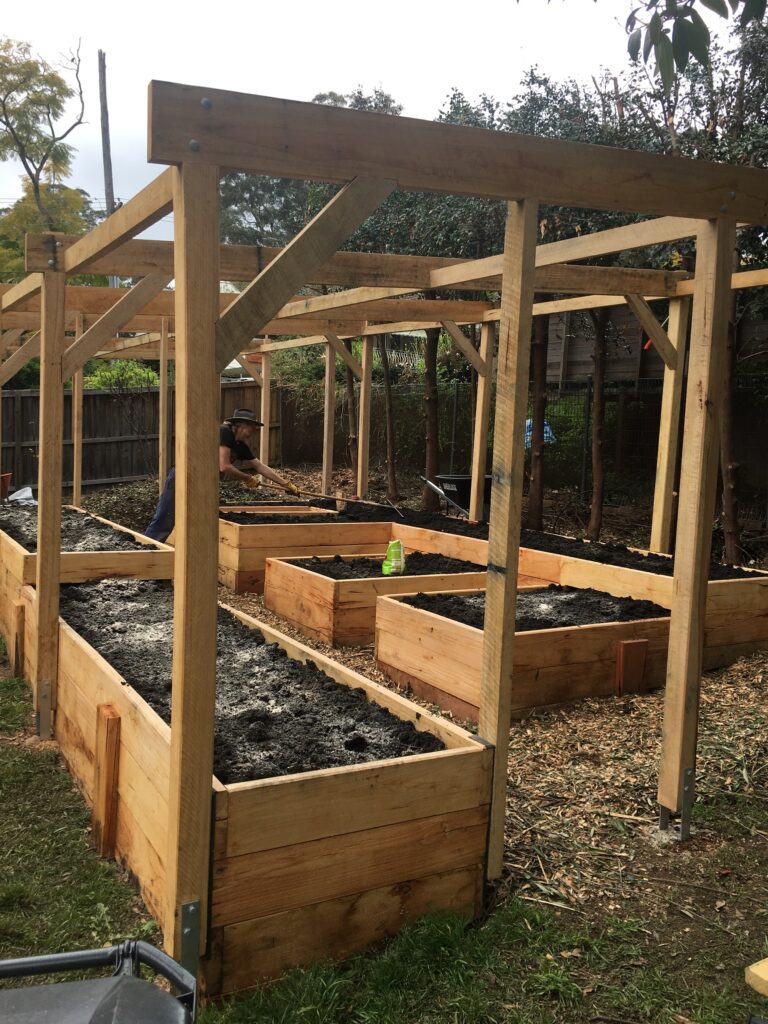 Building custom built organic timber raised garden beds for a permaculture garden enclosure.