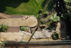 Birds eye view of landscape with Decomposed Granite Pathways, stone wall, timber steps